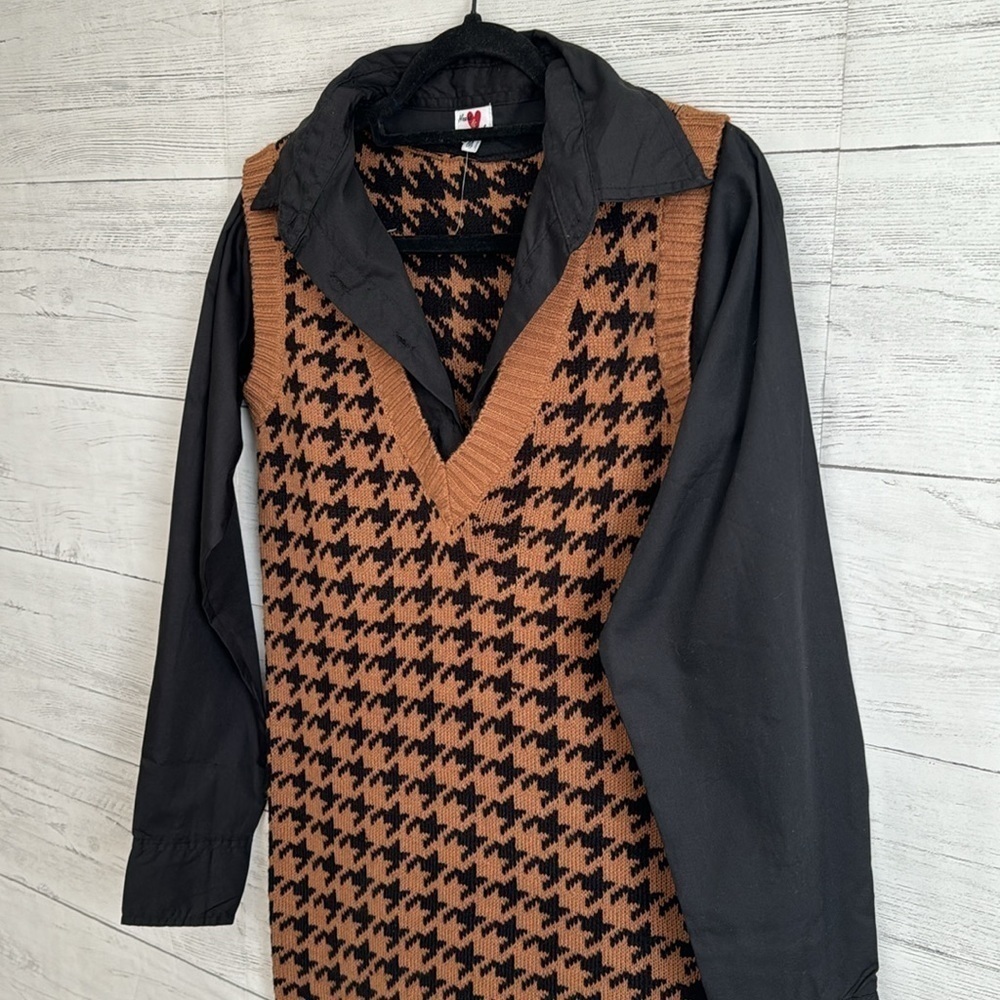 Heart & Heels Dogstooth V-Neck Button Up Cardigan Collared Black | SIZE M - Picture 4 of 12